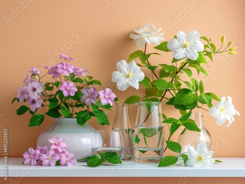 This image showcases a collection of white and light purple clematis flowers arranged in vases and glasses against a warm, peach-colored background.