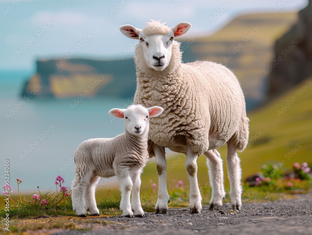 A curious sheep and her lamb stand together on a picturesque hillside in Vestmannaeyja, Iceland, with a beautiful coastal landscape in the background. A curious sheep and her lamb stand together on a picturesque hillside in Vestmannaeyja, Iceland, with a beautiful coastal landscape in the background.