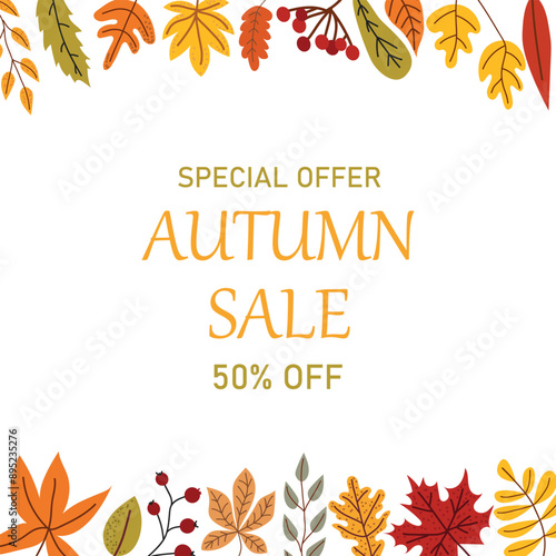 Cute fall banner template. Frame of fallen leaves. Autumn sale. Decorative natural flat vector illustration for seasonal sale, advertising.