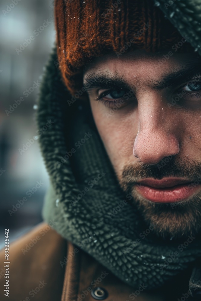 A man dressed warmly with a hat and scarf, perfect for winter scenes or casual outdoor activities A man dressed warmly with a hat and scarf, perfect for winter scenes or casual outdoor activities