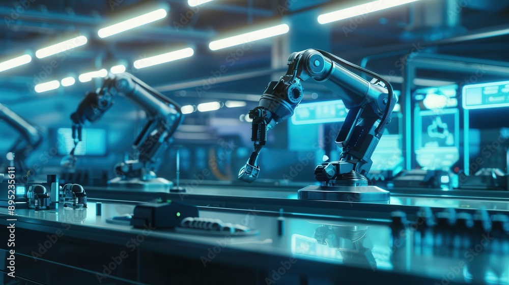 automated smart factory robotic arms perform precise assembly tasks in a hightech manufacturing facility bluetoned lighting and holographic displays create a futuristic industrial atmosphere automated smart factory robotic arms perform precise assembly tasks in a hightech manufacturing facility bluetoned lighting and holographic displays create a futuristic industrial atmosphere