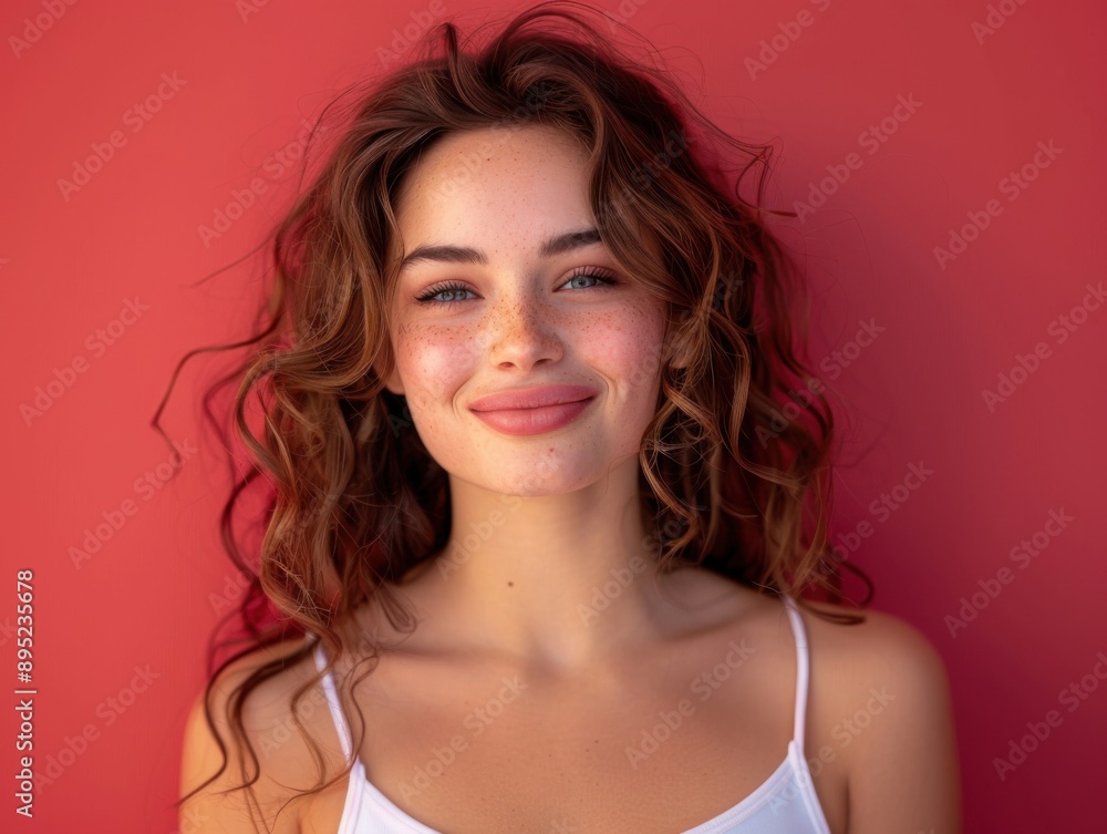 Close-up portrait of a smiling woman with wavy hair, posing against a solid red background. She is wearing a white top and has a cheerful expression. Close-up portrait of a smiling woman with wavy hair, posing against a solid red background. She is wearing a white top and has a cheerful expression.