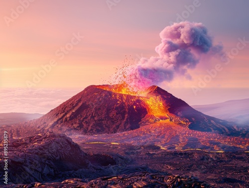 A captivating view of the Fagradalsfjall volcano eruption, showcasing molten lava, billowing smoke, and a vibrant sunset sky creating a dramatic natural scene.