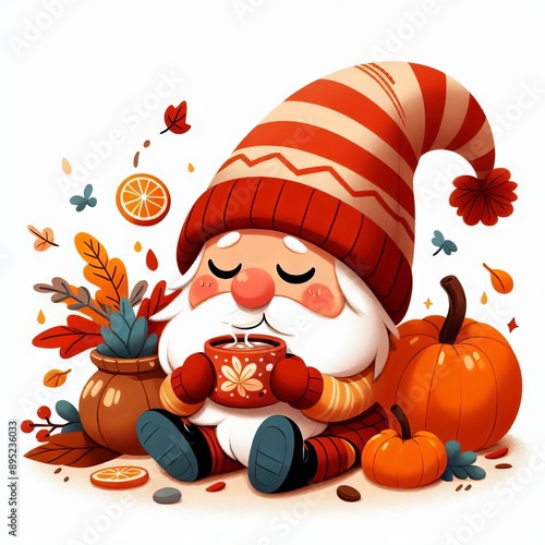 Cute autumn gnome drinks cocoa. Flat style photo