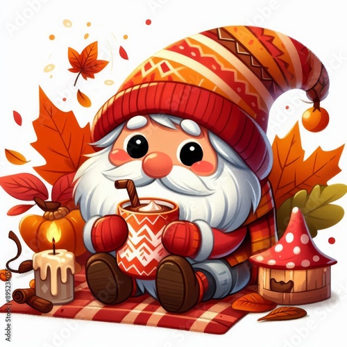 Cute autumn gnome drinks cocoa. Flat style photo