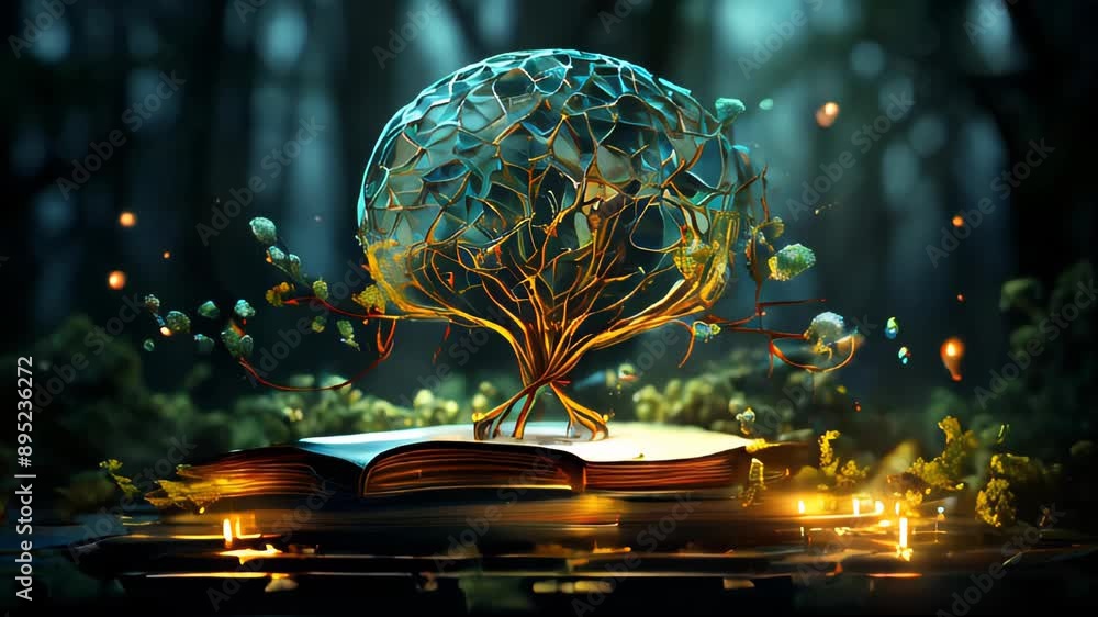 A glowing, high-tech tree in the shape of a human brain grows from a ...
