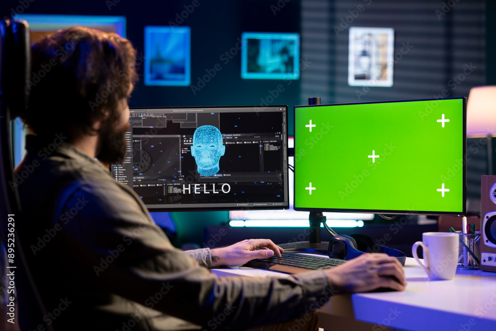 Sentient AI on green screen monitor interacting with computer engineer, greeting him after modifying own source code. Self aware artificial intelligence on mockup PC becoming alive Sentient AI on green screen monitor interacting with computer engineer, greeting him after modifying own source code. Self aware artificial intelligence on mockup PC becoming alive