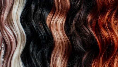 The hair color palette as a range of infinite possibilities. Hair swatches in a diverse color palette in top view.