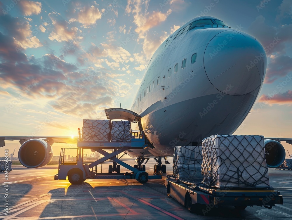Efficient air cargo logistics handling at airport with high loader for luggage loading Efficient air cargo logistics handling at airport with high loader for luggage loading