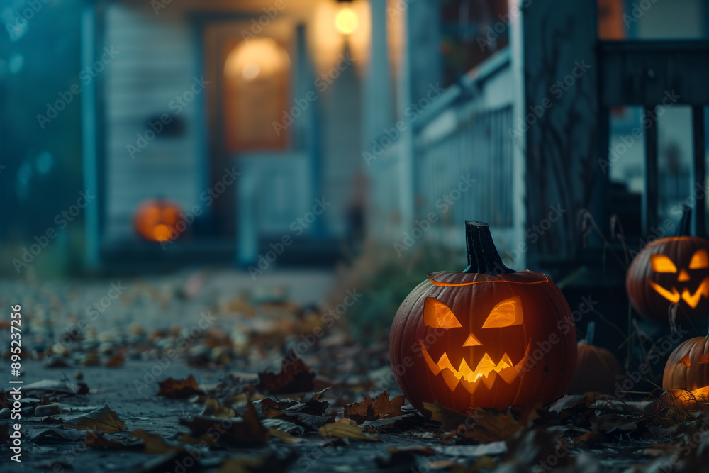 Halloween pumpkins with carved faces, glowing in the dark on an old porch at night. In front there are fallen leaves and other jack-o'-lanterns. Halloween pumpkins with carved faces, glowing in the dark on an old porch at night. In front there are fallen leaves and other jack-o'-lanterns.