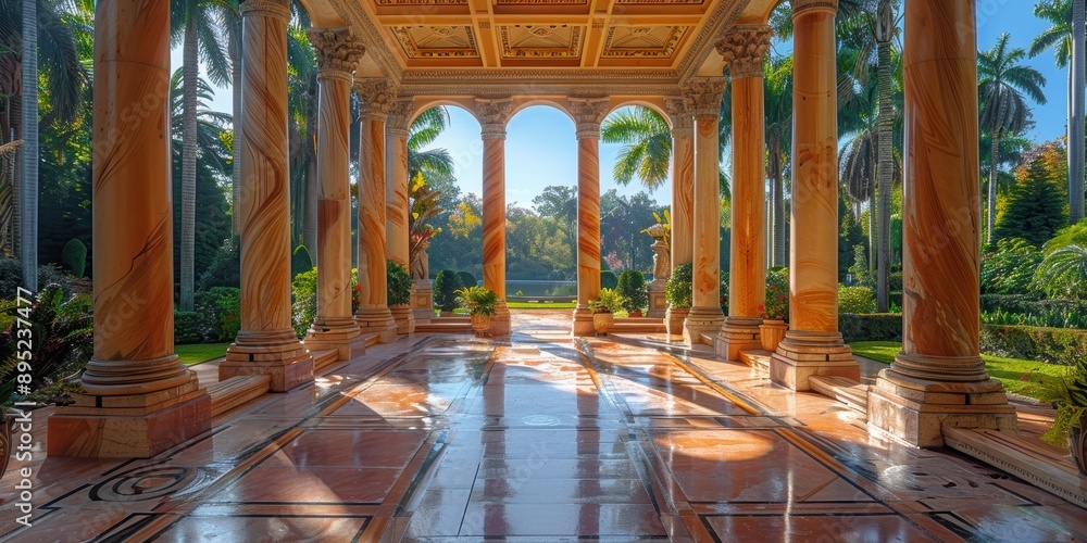 Obraz premium A beautifully ornate pavilion with tall, intricately carved columns and gleaming marble flooring, set amidst a lush garden with mature palm trees and vibrant greenery