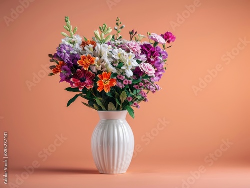 Wallpaper Mural A white ceramic vase filled with a variety of bright and colorful flowers against a peach-colored background. Torontodigital.ca