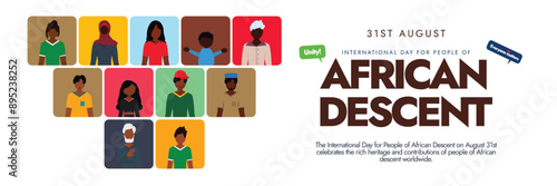 International day for People of African descent. 31st August people of African decent day awareness cover banner with portraits of black people of different ages, cultures. The day is to end racism. 