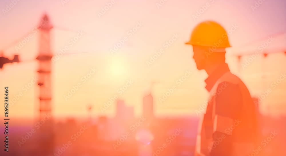 Engineer hard hat at a golden sunset on a city construction site The project schedule for creating and constructing residential and commercial buildings in the evening on the construction site 4k anim Engineer hard hat at a golden sunset on a city construction site The project schedule for creating and constructing residential and commercial buildings in the evening on the construction site 4k anim