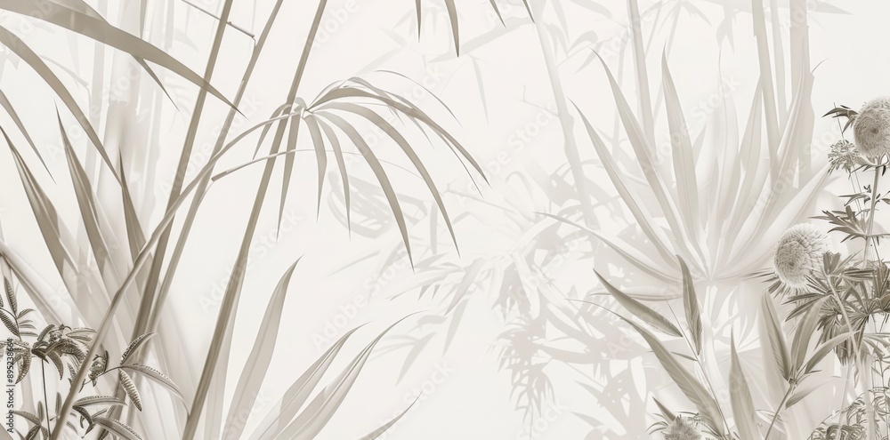 Obraz premium Graphics exotic flowers on the concrete grunge wall. Photo wallpaper, wallpaper, mural design in the loft, classic, modern style. Tropical brunches.