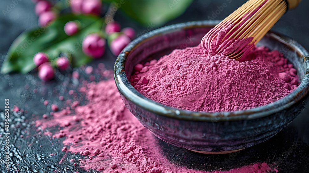 A close-up shot of a whisk stirring pink matcha powder in a traditional bowl A close-up shot of a whisk stirring pink matcha powder in a traditional bowl