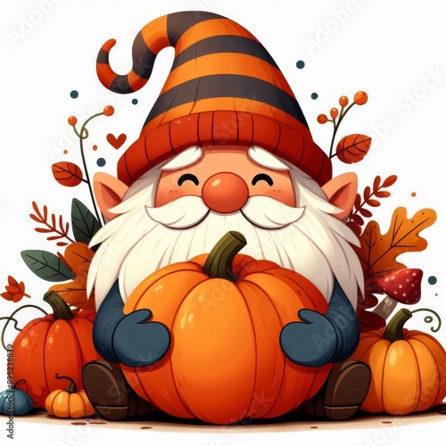 A cute gnome character is holding a huge pumpkin in his hands. Flat style
