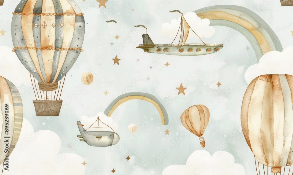 Naklejka premium Hot air balloon wall paper for baby room. Decorative pattern with clouds, rainbows, and mountains. Blue and beige pastel colors.