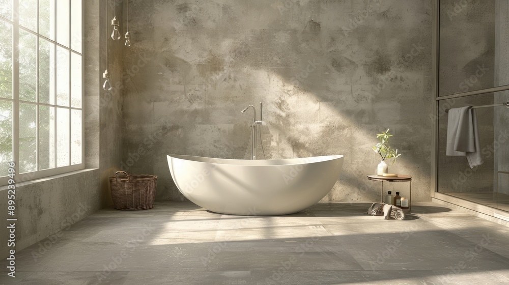 Upscale bathroom with cement walls and PVC flooring Upscale bathroom with cement walls and PVC flooring