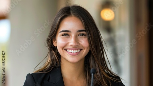 A confident businesswoman stands at a podium, smiling brightly. She appears professional and poised, ready for a presentation or speech.