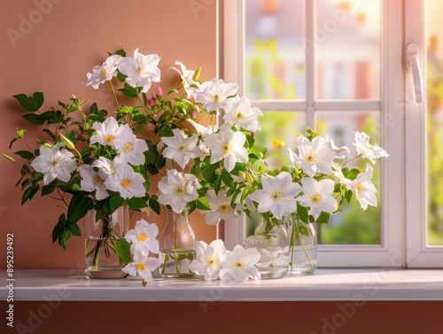 White clematis flowers arranged in vases and glasses are placed on a windowsill, with warm natural sunlight streaming through a window, creating a serene and bright atmosphere.