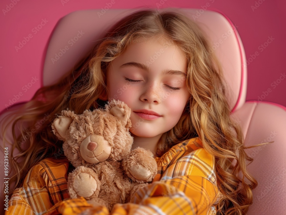 A young girl with long curls is peacefully asleep in the back seat of a car, holding a stuffed teddy bear. She is wearing a yellow checkered shirt and the background is pink. A young girl with long curls is peacefully asleep in the back seat of a car, holding a stuffed teddy bear. She is wearing a yellow checkered shirt and the background is pink.