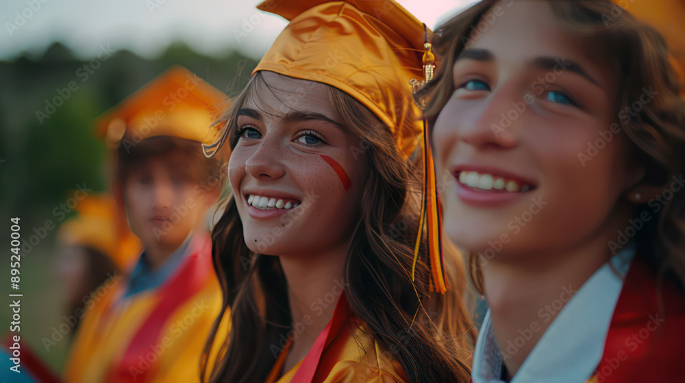 High school graduates signing each other’s yearbooks while celebrating their college acceptance, wearing graduation caps and holding college pennants, nostalgic and hopeful mood High school graduates signing each other’s yearbooks while celebrating their college acceptance, wearing graduation caps and holding college pennants, nostalgic and hopeful mood