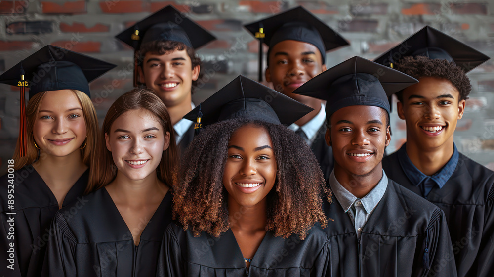 Group of high school graduates joyfully holding their college acceptance letters, wearing graduation caps and gowns, excited and proud expressions Group of high school graduates joyfully holding their college acceptance letters, wearing graduation caps and gowns, excited and proud expressions