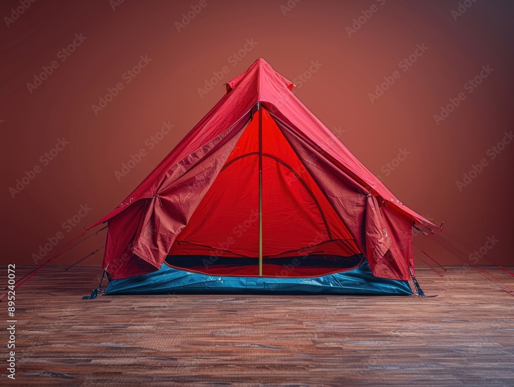 A vibrant red tent set against a dark brown backdrop, illuminated to highlight its structure while surrounded by darkness. The floor is wooden, providing a rustic feel. A vibrant red tent set against a dark brown backdrop, illuminated to highlight its structure while surrounded by darkness. The floor is wooden, providing a rustic feel.