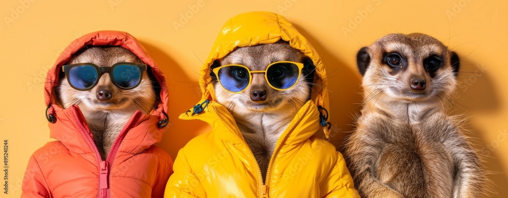 Fototapeta premium A creative animal concept showing a Meerkat in a group, wearing a vivid bright fashionable outfit, isolated on a solid background, with a copy text space. Birthday party invitations.