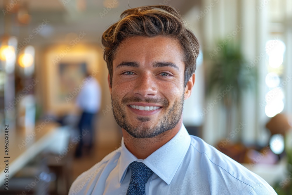 A cheerful young man in a professional setting with a confident smile, standing indoors with a stylish appearance, dressed in a collared shirt and tie, exuding confidence and positivity in the A cheerful young man in a professional setting with a confident smile, standing indoors with a stylish appearance, dressed in a collared shirt and tie, exuding confidence and positivity in the