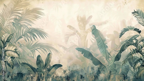 A retro wallpaper with jungle and graceful leaves tropical forest vintage background graphics painting art card poster print interior - generative AI © Maxim Borbut