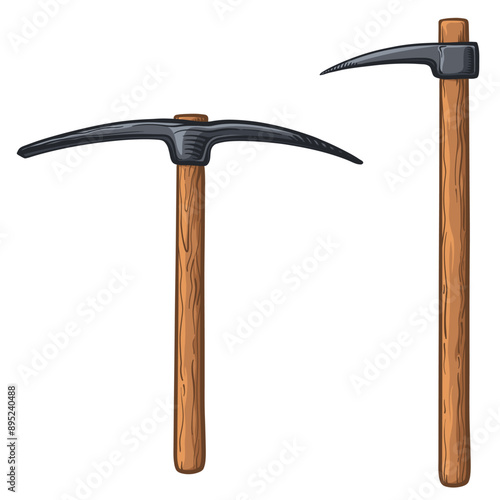 Metal pickaxe with wooden handle. Vector illustration of pickaxe on white background.