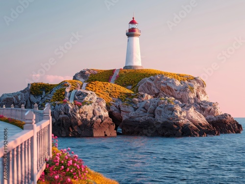 A scenic view of a bridge leading to a rocky island with a prominent lighthouse under the soft glow of a setting sun. The surrounding area is adorned with vibrant flowers.