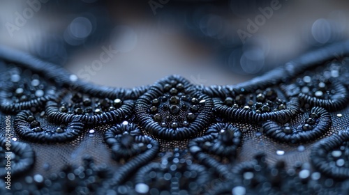 A close-up photograph of intricately detailed black beaded embroidery on fabric, showcasing the fine craftsmanship and texture of the decorative patterns photo