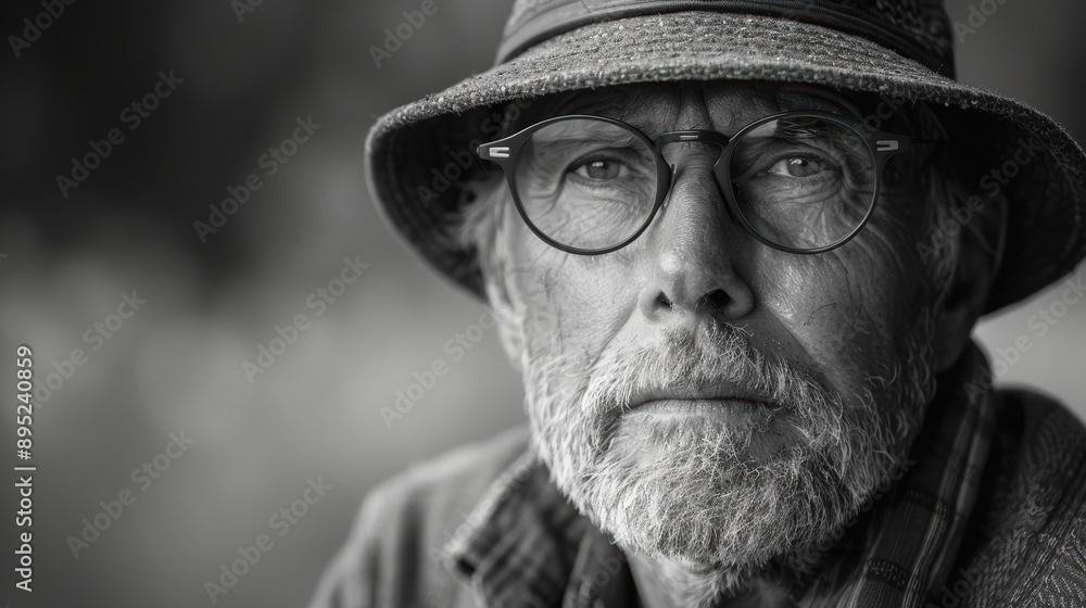 A detailed black and white close-up portrait of an elderly man with glasses and a hat, showcasing deep emotion and wisdom in his eyes A detailed black and white close-up portrait of an elderly man with glasses and a hat, showcasing deep emotion and wisdom in his eyes