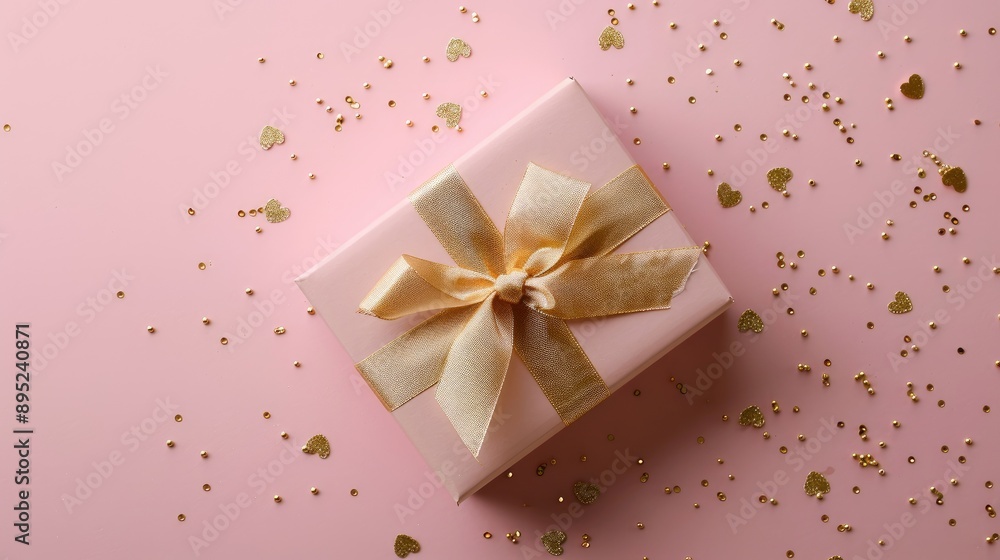 Minimalist Love themed Gift Box with Golden Ribbon on Pink Background Vintage Anniversary Design Minimalist Love themed Gift Box with Golden Ribbon on Pink Background Vintage Anniversary Design