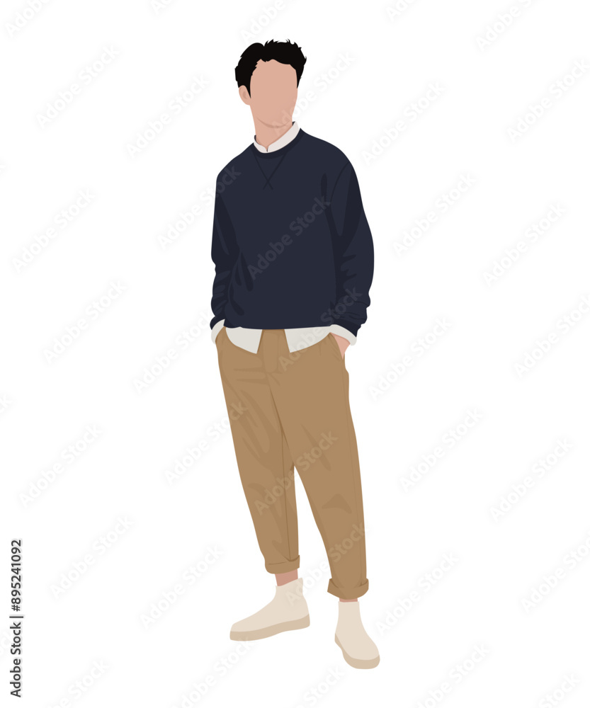 Vector illustration. A man in a dark sweater and light pants, complemented by white sneakers. Vector illustration. A man in a dark sweater and light pants, complemented by white sneakers.