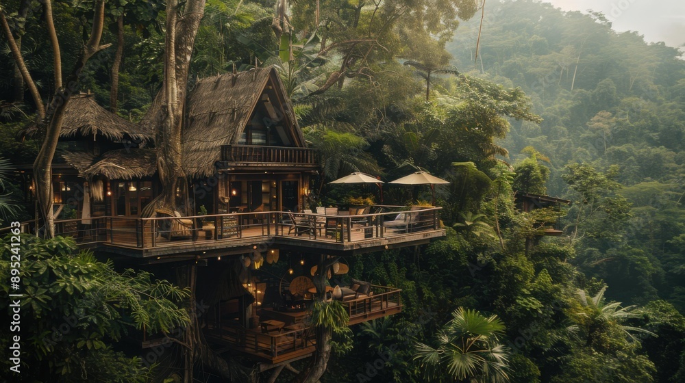 A treehouse nestled in a lush jungle. AI. A treehouse nestled in a lush jungle. AI.