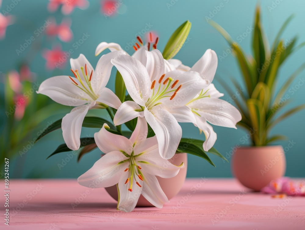 Obraz premium A beautiful arrangement of white Lily of the Incas flowers displayed in a pink pot against a pastel pink and turquoise background accentuated by blurred plants and blooms.
