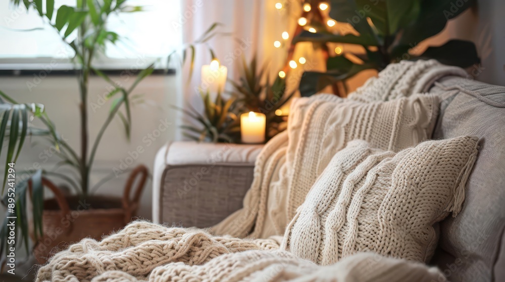 hyggeinspired living room with oversized knit throws warm wood tones and lush indoor plants soft ambient lighting and cozy textures creating serene atmosphere hyggeinspired living room with oversized knit throws warm wood tones and lush indoor plants soft ambient lighting and cozy textures creating serene atmosphere