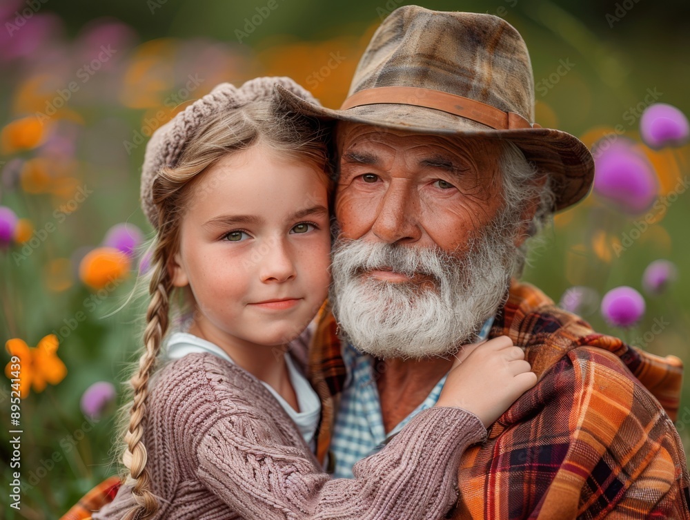 An elderly man with a white beard and a plaid hat sits in a colorful flower field, holding a young girl with braided hair, both smiling warmly at the camera. An elderly man with a white beard and a plaid hat sits in a colorful flower field, holding a young girl with braided hair, both smiling warmly at the camera.