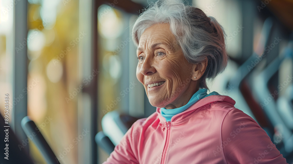 Energetic and joyful elderly woman jogging on a treadmill, capturing the essence of fitness and vitality in her golden years, happy senior female pensioner working out Energetic and joyful elderly woman jogging on a treadmill, capturing the essence of fitness and vitality in her golden years, happy senior female pensioner working out