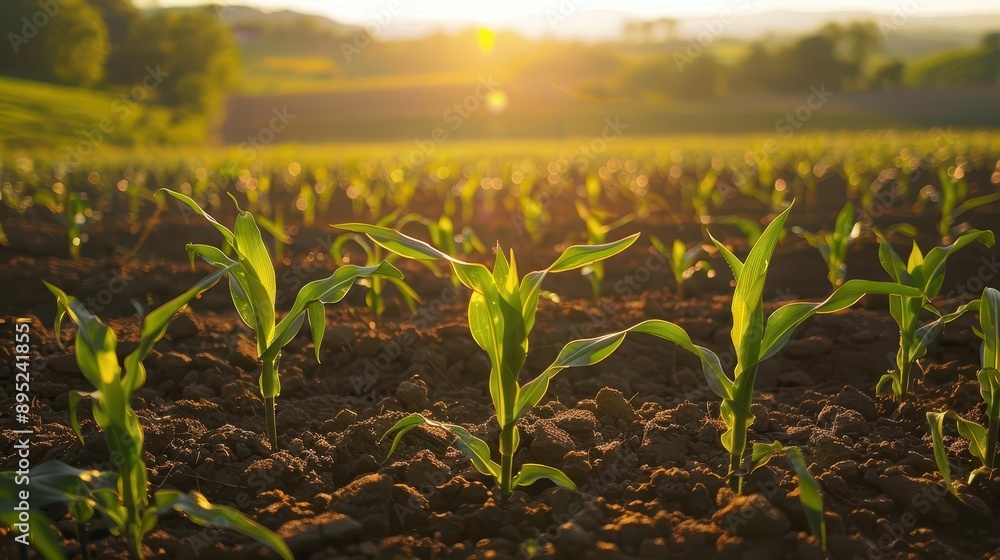 lush cornfield at golden hour with young plants emerging from rich soil symbolizing growth sustainability and agricultural abundance lush cornfield at golden hour with young plants emerging from rich soil symbolizing growth sustainability and agricultural abundance