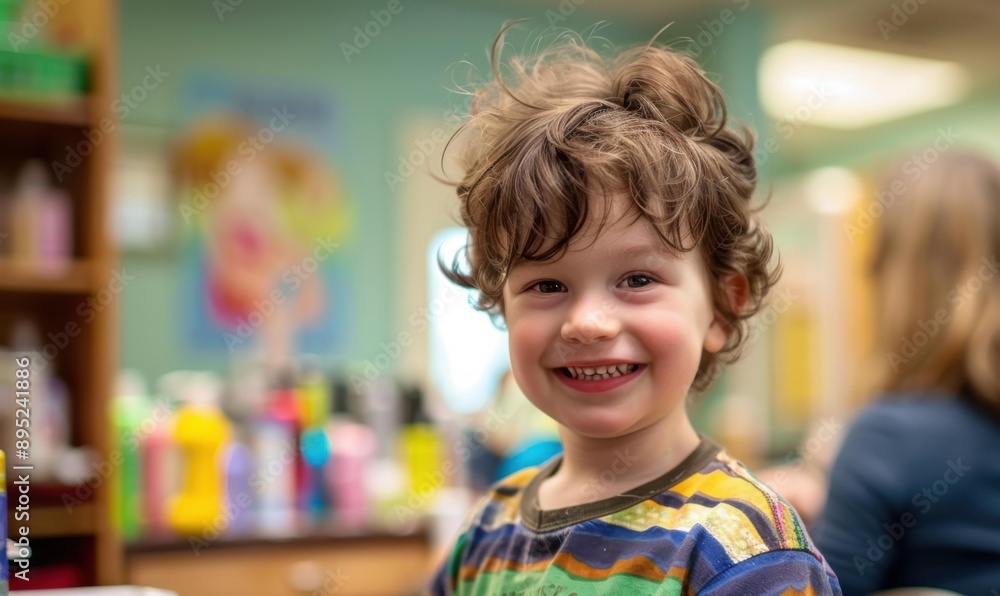 A young boy with curly hair smiles brightly. AI. A young boy with curly hair smiles brightly. AI.