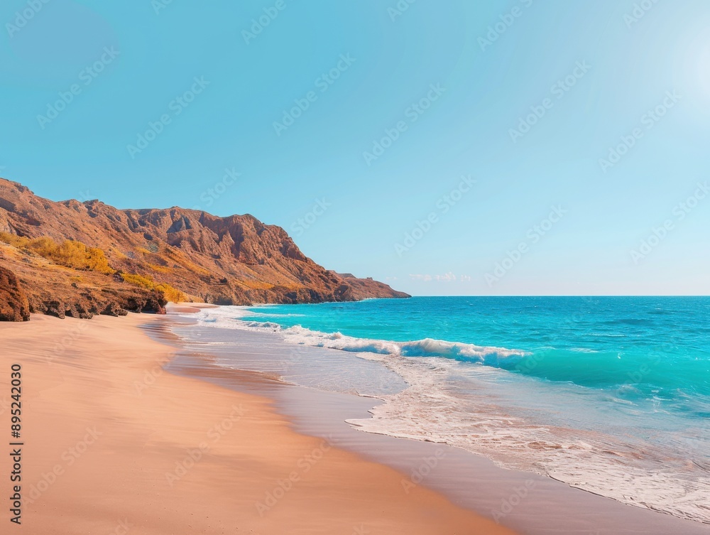 A peaceful beach scene with clear, turquoise waters gently lapping against a sandy shore, set against a backdrop of rugged cliffs under a bright, clear sky. A peaceful beach scene with clear, turquoise waters gently lapping against a sandy shore, set against a backdrop of rugged cliffs under a bright, clear sky.