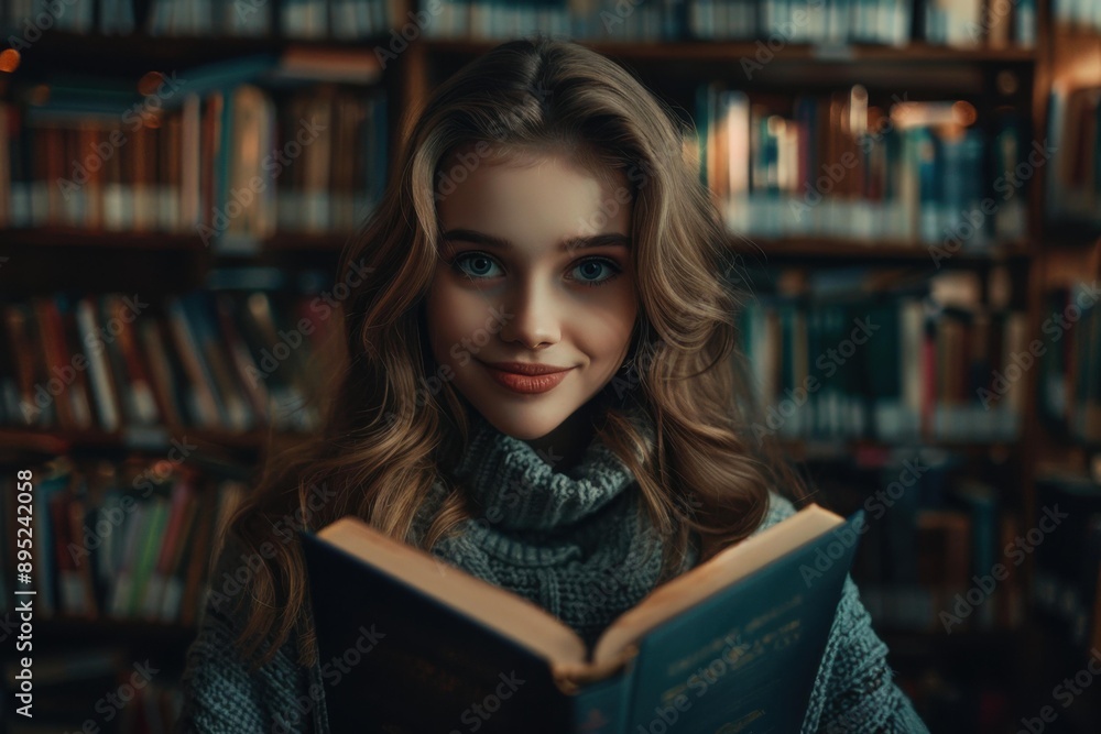 A young woman smiles as she holds a book in a library. AI. A young woman smiles as she holds a book in a library. AI.
