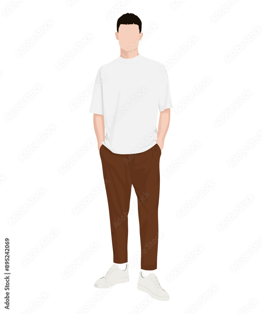 A man in a white t-shirt and brown pants, finished off with white sneakers. Minimalist style. A man in a white t-shirt and brown pants, finished off with white sneakers. Minimalist style.