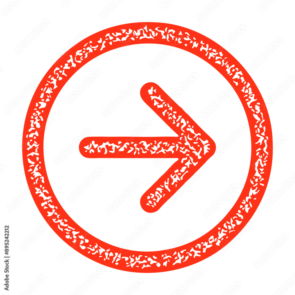 Obraz premium Textured red arrow pointing right within a circle, ideal for navigation and UI design. Vector illustration.