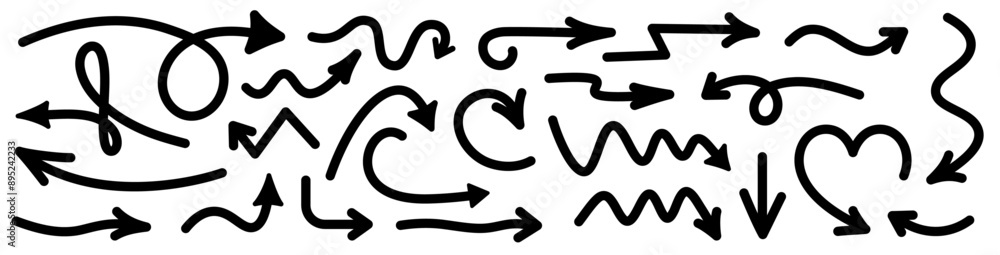 A diverse collection of hand-drawn arrows in various directions and styles. Ideal for creative design projects. Vector illustration. A diverse collection of hand-drawn arrows in various directions and styles. Ideal for creative design projects. Vector illustration.